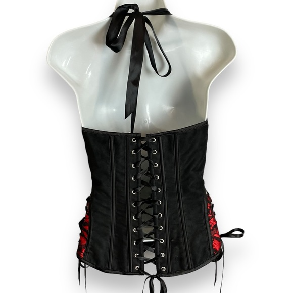 Velvet Kitten Corset Top Lace Up Black Red Halter Neck Tie Boning - Picture 2 of 13